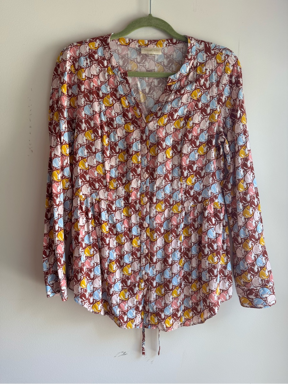 Women's Long-Sleeve V-Neck Cat Printed Blouse in Multicolor